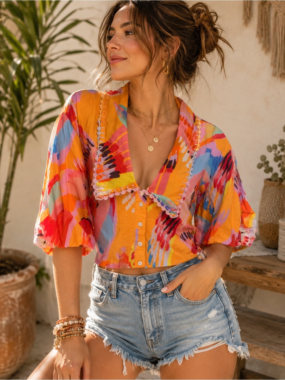 Farm Rio Neon Macaws Buttoned Blouse Multicolor Cropped Top